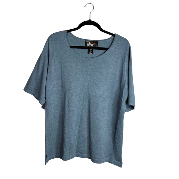 America's Alpaca Short Sleeve Knit Top Sweater Size XL Baby Alpaca Blend Blue - Picture 1 of 6